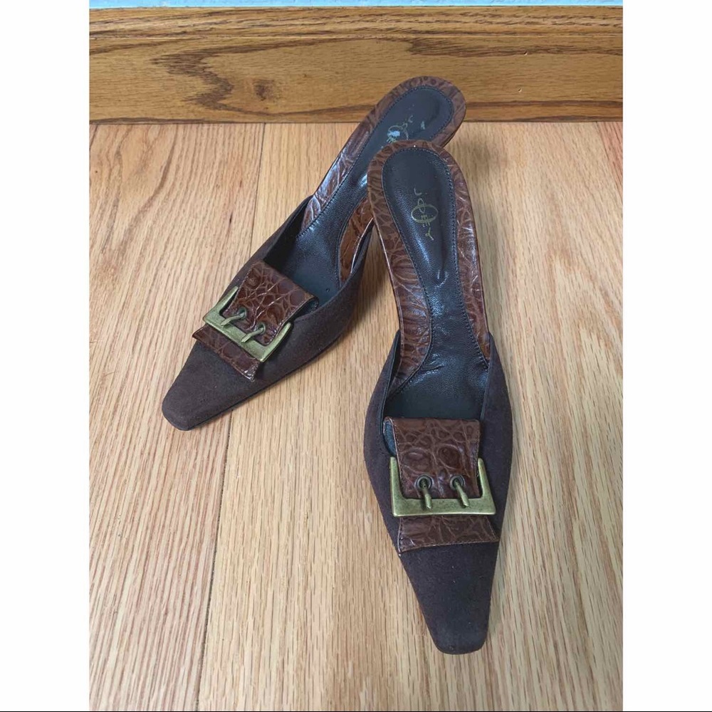Joey O Brown Buckle Suede Pointed Toe Slide Heels